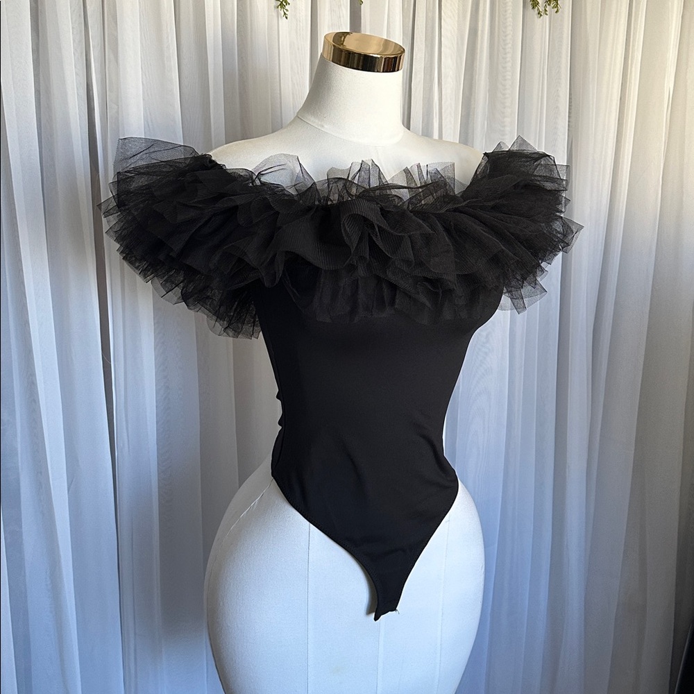 Free People Black Ruffled Off-Shoulder Tulle Bodysuit - Picture 7 of 8